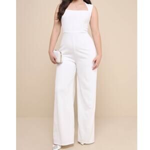 Lulus NWOT Enticing Endeavors White Stretchy Knit Wide Cut Pant Jumpsuit Large